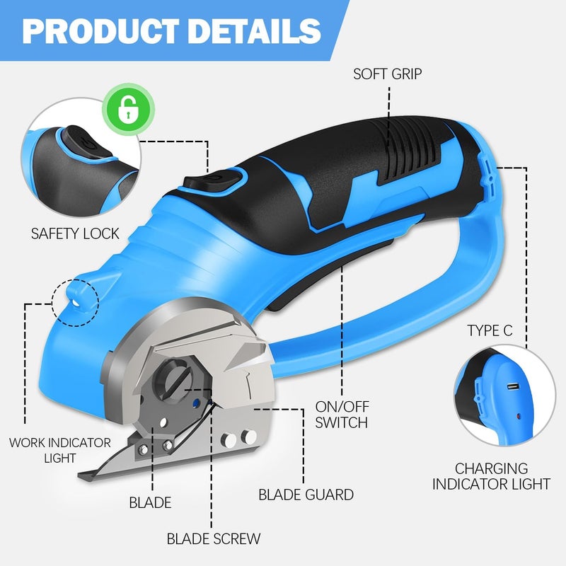 Pratuor Cordless Electric Scissors, 4V Box Cutter & Cardboard Cutter with 2 Titanium Blades - Rotary Cutter with LED Light for Fabric, Leather, Carpet, Plastic, Crafting + Storage Case (Blue) - Image 5